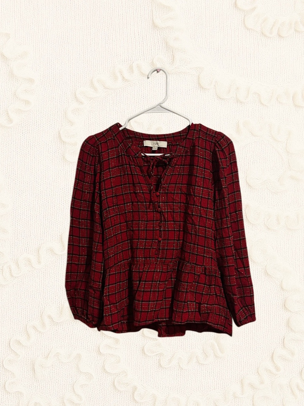 LOFT Plaid Long Sleeve Blouse in Red & Black Like New